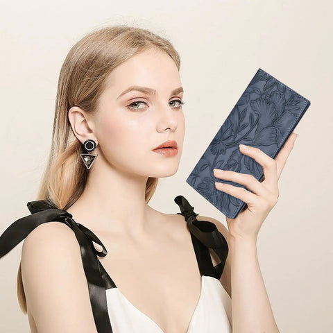 MULE Ultra Slim Wallet For Women Bifold Leather RFID Blocking Designer Card Holder with woman holding blue wallet