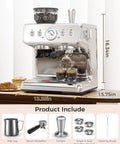 Top Tier Home Barista Espresso Machine With Solid Grinder And True Dual Boiler Brewing Coffee And Steaming Foam Together Nailing Perfect Cappuccinos Straight From A Big 95 Oz Tank Keeping Mornings Dope And Stress Free on a kitchen table with coffee glasses.