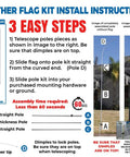 Instruction diagram for assembling Open House Feather Flag Banner Kit with 15 Ft Pole System, ground stakes, and travel bag.