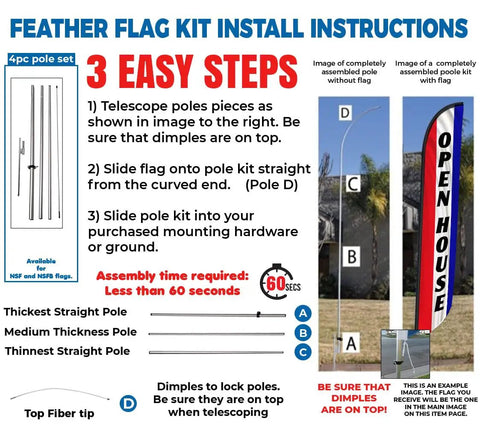 Instruction diagram for assembling Open House Feather Flag Banner Kit with 15 Ft Pole System, ground stakes, and travel bag.