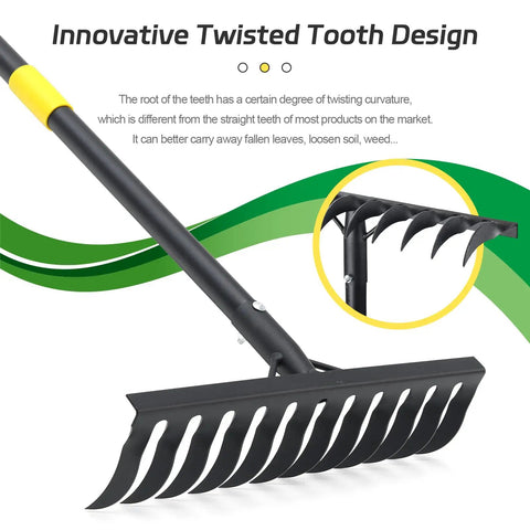 Heavy Duty Garden Rake With 78 Inch Handle And Twisted Tooth Tines 12 Metal Head Rake For Loosening Soil Leaf Cleanup