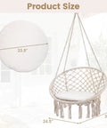 Beige Macrame Swing Chair With Round Seat Cushion, Indoor Outdoor Hanging Hammock Chair, Durable Polyester Cotton Ropes And Sturdy Metal Rings, Boho Vibe Patio Balcony Bedroom Swing, Two Point Or One Point Hanging, showing size dimensions.
