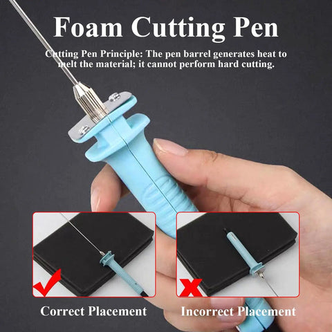 30W Foam Cutter Pen Kit With 12V Power Adapter, 10cm Hot Wire Styrofoam Cutter for arts and crafts, demonstrating correct and incorrect placement