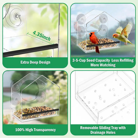 Window Bird Feeder With Four Extra Strong 2.36 Inch Suction Cups And Extra Deep Removable Tray For Large Capacity Clear Housing For Outdoor Viewing A Great Gift For Cardinals Finches And Bluebirds, featuring high transparency and drainage holes.