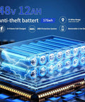 48V 12Ah anti-theft battery for Folding Electric Bike For Adults And Teens, visible in sleek transparent casing with blue highlights