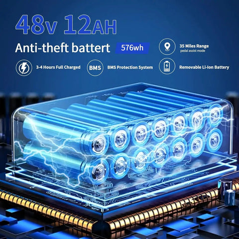 48V 12Ah anti-theft battery for Folding Electric Bike For Adults And Teens, visible in sleek transparent casing with blue highlights