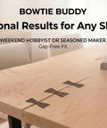 Woodworking Router Inlay Kit With Butterfly Joint System And Bow Tie Template on a wooden table, shows walnut bow tie inlays