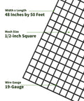 Top Shelf Black Vinyl Coated Galvanized Steel Hardware Cloth Wire Mesh 1/2 Inch 48 By 50 Feet 19 Gauge shown with dimensions and mesh size.