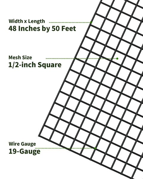 Top Shelf Black Vinyl Coated Galvanized Steel Hardware Cloth Wire Mesh 1/2 Inch 48 By 50 Feet 19 Gauge shown with dimensions and mesh size.