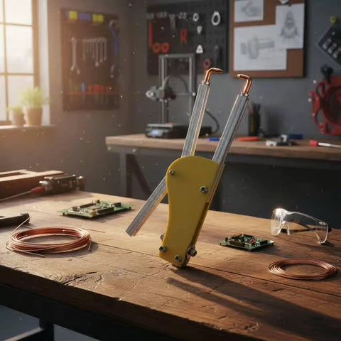 Rock Solid Workhorse Point Welder Clamps Heavy Duty Joining Pliers with scorch proof handles on wooden workshop table.