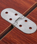 Stainless Steel Folding Table Hinges Two Pack, Corrosion Resistant High Hardness, Silver Finish, mounted on wooden surface.
