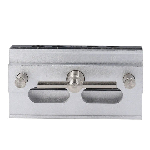 Heavy Duty Auto Centering Dowel Jig Kit For Zero Hassle Furniture Assembly Adjustable Metric Drilling Guide, silver alloy material.