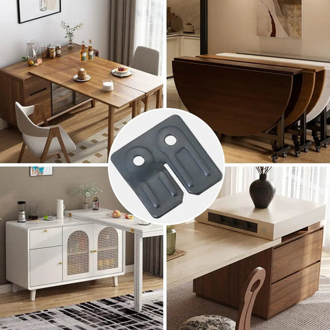 Top Shelf Table Leaf Hardware Kit Featuring Built Tough Leveling Buckles And Eight Rust Resistant Screws For Dining Furniture Reinforcement and Drawer Fastener No Sweat Setup shown on various dining tables.