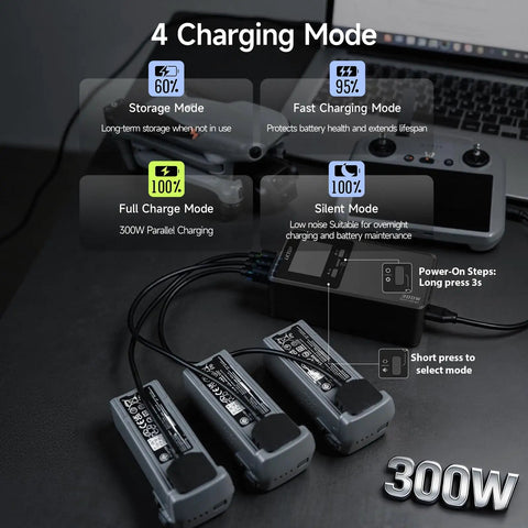 DJI Matrice 4T 4E Parallel Charging Hub with three batteries connected, showing 300W charge and four smart modes on LCD