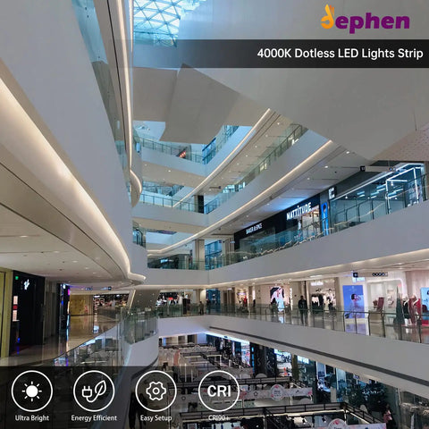 LED Strip Lights 65.6Ft 20m 4000K White With 504 LEDs Per Meter Dope Brightness 90+CRI in mall setting, ceiling view
