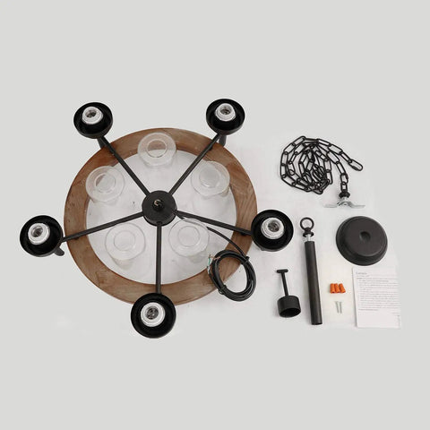 Wagon Wheel Chandelier Pendant Light With Metal Wood Frame Seeded Glass Shade Edison Vintage Ceiling Fixture components layout