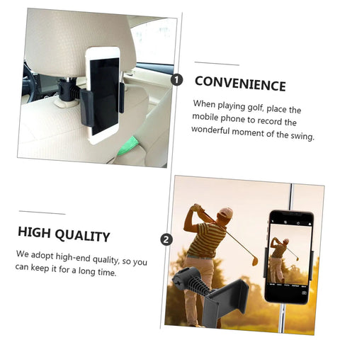 Hands Free Golf Phone Holder Clip For Golf Carts And Clubs With 360 Degree Rotating Swing Cam Mount, shows phone in clip.