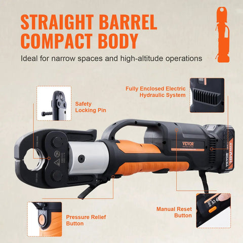 Heavy Duty 18V Electric Pipe Crimping Tool For Half To Two Inch Copper Lines With Fast Hydraulic Action And 32KN Output showcasing compact design and safety features.