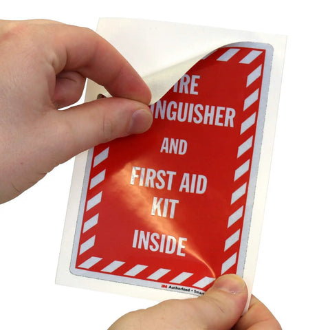 Fire Extinguisher And First Aid Kit Inside Label Set Of 3 With 3M Engineer Grade Reflective Decals Made In USA Laminated Built Tough For Outdoor Use Ready