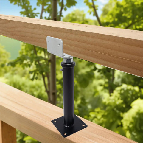 Heavy Duty Two Pack U Shaped Floor Jack With No Sweat Height Tweaks And Rock Solid Steel Beam Support For 4x2 4x4 4x6 Floor Joists Plus Heavy Duty Screw Top Post House Leveling Rig supporting a wooden beam outdoors.