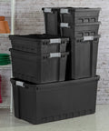 Heavy Duty Workhorse Plastic Storage Totes 50 Gallon Bulk Nine Pack Featuring Secure Snap Latching Lids Stackable Bin Set stacked in black.