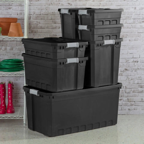 Heavy Duty Workhorse Plastic Storage Totes 50 Gallon Bulk Nine Pack Featuring Secure Snap Latching Lids Stackable Bin Set stacked in black.