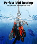 VNDUEEY 760 lb magnet fishing kit; 2.36-inch magnet, grappling hook, 65ft rope, gloves & carabiner front view.