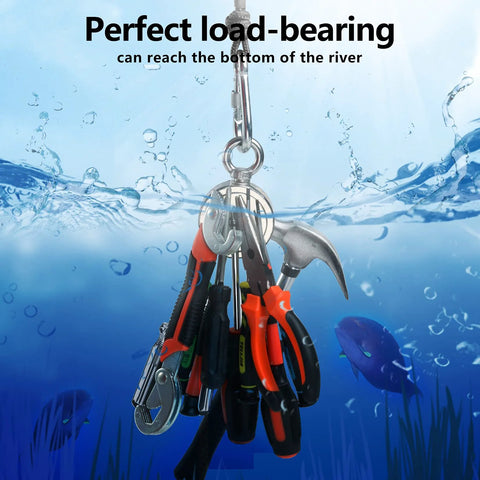 VNDUEEY 760 lb magnet fishing kit; 2.36-inch magnet, grappling hook, 65ft rope, gloves & carabiner front view.