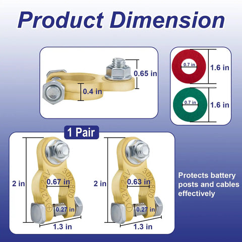 Heavy Duty One Pair Battery Terminal Connectors With Color Coded Washers Solid Brass Battery Post Adapter dimensions and sizes