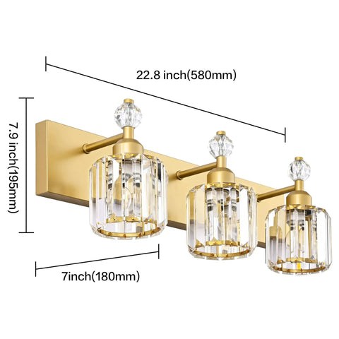 Gold finish Crystal 3 Light Vanity Light with size details, over mirror modern wall sconce fixture, dope crystal bath vanity lighting.