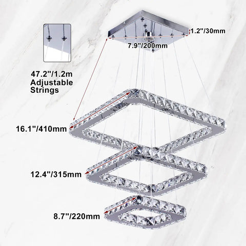 Dimensions of Dope Modern Crystal Chandelier LED Ceiling Light With Square Three Ring Design Height Adjustable 47W K9 Crystals