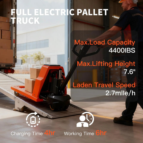 Robust 4400 Lb Capacity Motorized Electric Pallet Jack Truck With Standard Forks in use, lifting boxes on a ramp in a warehouse setting.