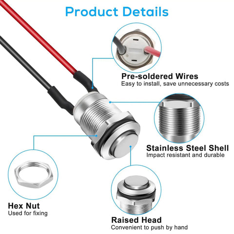 12mm Momentary Push Button Switch Kit, 10 Pack, Waterproof, Prewired Mini Round Power Buttons for Cars and Boats, Marine Use, DC 12V 2A image.