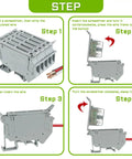 LED Indication Fuse Holder Terminal Block for DIN Rail 24V DC Screw Clamp installation steps with universal mounting feet.