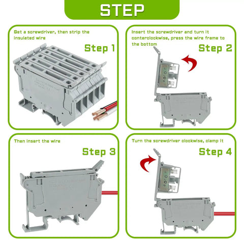LED Indication Fuse Holder Terminal Block for DIN Rail 24V DC Screw Clamp installation steps with universal mounting feet.