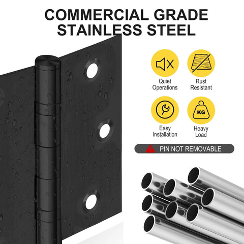 Heavy Duty Black Stainless Steel Door Hinges Six Pack With Non Removable Pin For Smooth As Butter Swing And Built Tough Security On All Your Professional Exterior Door Projects, showcasing commercial grade design and durability.