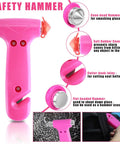 Pink Car Emergency Kit For Women with safety hammer, featuring cone-head hammer for breaking glass and cutter hook for seat belts.