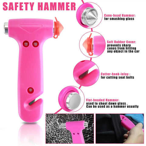 Pink Car Emergency Kit For Women with safety hammer, featuring cone-head hammer for breaking glass and cutter hook for seat belts.