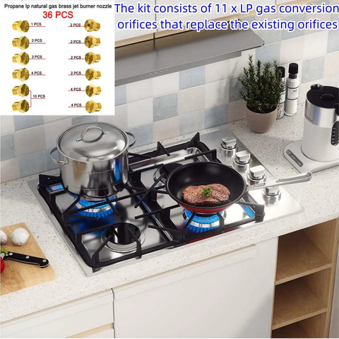 Kitchen stove with pots, showcasing 36 Piece Propane Orifice Kit For Grill Masters And BBQ Pros, Brass Jet Burner Nozzles Replacement Set, M6x0.75, Includes Multiple Hole Sizes 0.3 0.4 0.7 0.8 0.9 1.0 1.1 1.2 1.5 1.7 1.9 mm.
