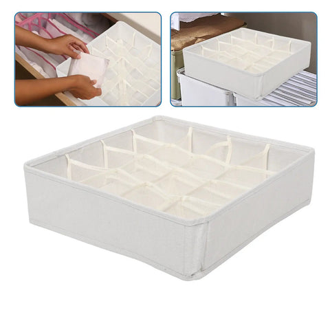 Super Slick 16 Compartment Foldable Drawer Storage Box For Underwear And Socks Made From Soft Cotton Linen Blend In Warm Beige on a wooden surface.