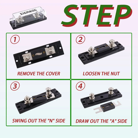 500 Amp ANL Fuse Block Kit With 0 2 4 Gauge Fuses, Easy Swing Cover For Fast Fuse Replacement, Durable ABS Base, Ideal For Car Audio, Truck Audio, Inverters, High Current Systems, 2 Pack, step-by-step use