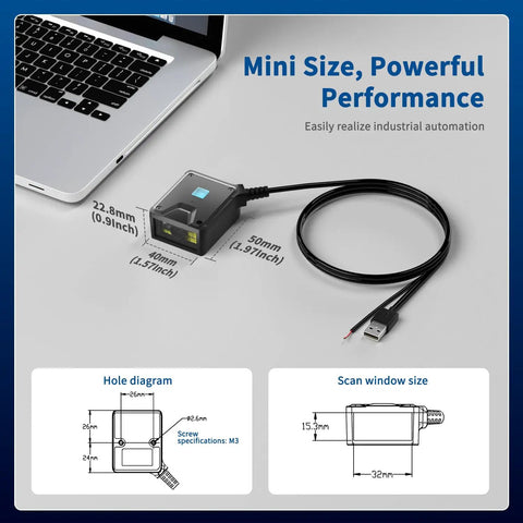 Workhorse Fixed Barcode Scanner With 4 In 1 Scanning Modes USB Interface 1D 2D QR Reader shown with size measurements and USB cable