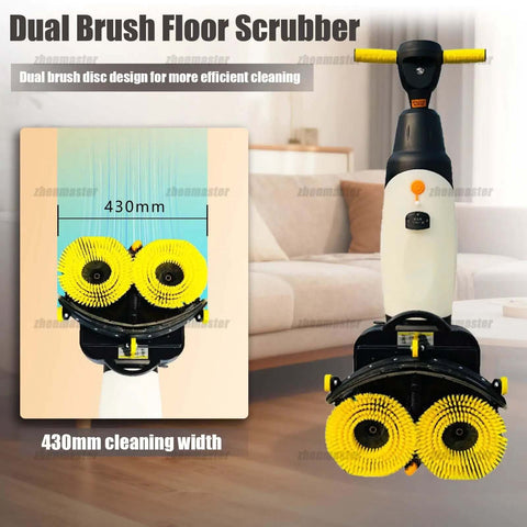 Cordless Electric Floor Scrubber with 360 Degree Steering and 90 Minute Runtime for Restaurant Kitchens, dual brush design