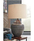 Dope Industrial Vintage Metal Table Lamp With Antiqued Brown Finish, 29.5 Inch Tall, in living room setting on wooden table