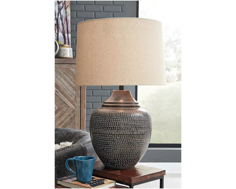 Dope Industrial Vintage Metal Table Lamp With Antiqued Brown Finish, 29.5 Inch Tall, in living room setting on wooden table