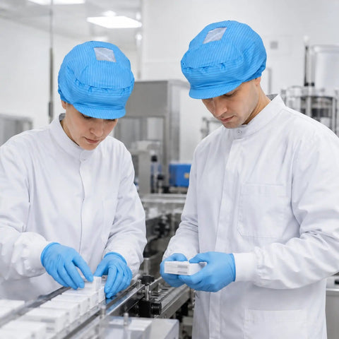 Two workers in white lab coats wearing Five Pack Blue Anti Static Caps Featuring Breathable Mesh Panels and Reliable Dust Blocking Defense for Cleanrooms.