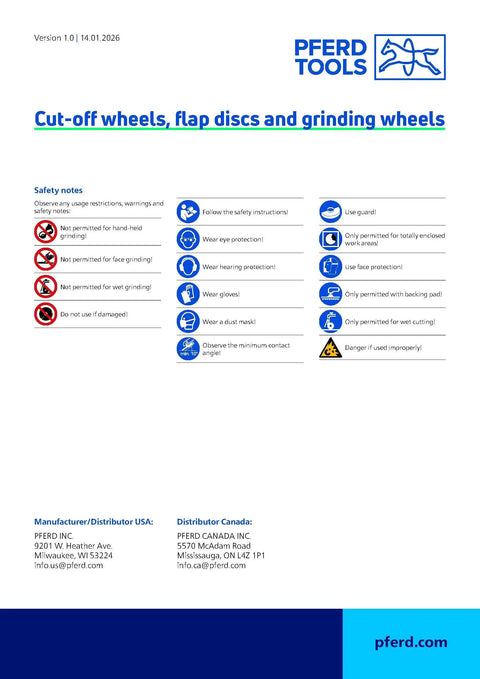 PFERD Tools safety notes for cut-off wheels, flap discs, including Polifan Curve Flap Disc 5 Inch By 7/8 Inch 60 Grit Ceramic Oxide