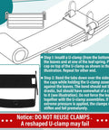 Diagram showing 4 Piece Leaf Spring Clamp Kit installation steps for vehicles up to 2.5 inches wide with stainless steel build.