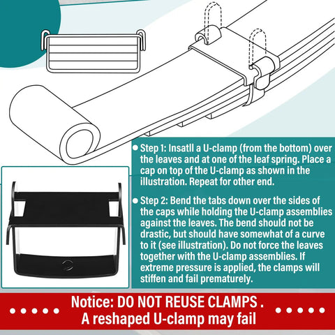 Diagram showing 4 Piece Leaf Spring Clamp Kit installation steps for vehicles up to 2.5 inches wide with stainless steel build.