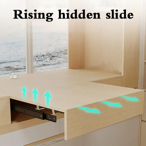 Heavy-Duty Drawer Slides With Soft-Close Ball Bearings Hidden Guides showing mechanism in a wooden kitchen cabinet setup